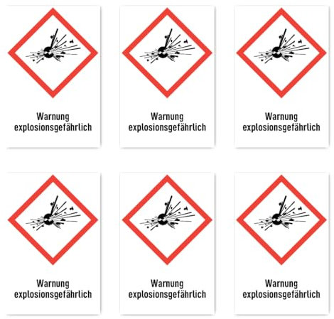 Aufkleber: 75x50 mm, 6 Stück - Warnung explosionsgefährlich - Gefahrensymbol mit Text (deutsch) (rot/weiß) - hochkant - GHS01 - UN/GHS-Gefahrenpiktogramm