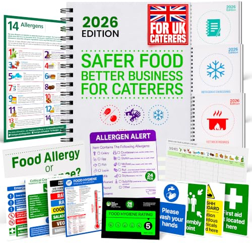 Safer Food Better Business 2026 - Record Book, Diary, Hold & Fridge Log | 4 wire-bound booklets, Laminated pages, HACCP based system, FSA recognised format, Allergen labels included