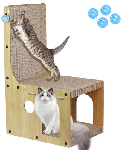 Kratzbrett Katzen Kratzpappe mit Katzenhaus Pappe - 65 cm hohe L förmige Kratzpad Lounge Wellpappe Katzenbaum Haus mit 4 Ballspielzeug Katzenkratzbrett Katzenhöhle für Indoor Katzen als Möbelschutz