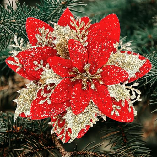 SITUMEIZI Künstliche Weihnachtssterne mit Glitzer, 14 cm, mit Clips, künstliche Weihnachtsschmuck, Weihnachtsbaumkranz, Neujahrsdekoration, Rot, 24 Stück