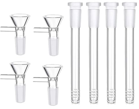 4 Pcs Glass Bong Downstem Diffuser with 14 mm Male Glass DownStem Adapter Diffuser Bottom Handle for Water Bong (4in Down Stems(4pcs)+Funnels(4pcs))