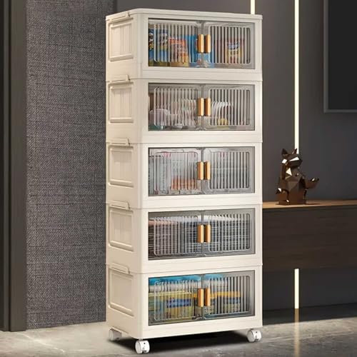 5-Tier Stackable Storage Boxes with Wheels,Plastic Storage Bins with Lid,Storage Drawers with Front Door,Collapsible Storage Cabinet for Bedroom Living Room Study Office(45x27x110cm,Black door)