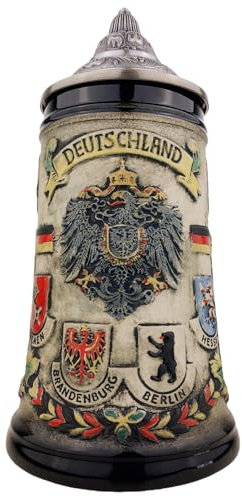 EVERSTYLE Boccale da birra con coperchio, 0,7 l, realizzato a mano, in Germania, con stemma federale, boccale da birra rustico, idea regalo per casa, collezione e festa della birra