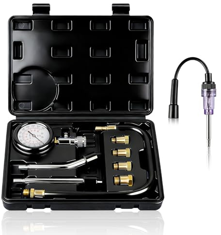 Kompressionsprüfer Set Kompressionstester Motor Kompression prüfen meßen Kfz M10 M12 M14 M18 0-20 bar & 0-300 psi (compression tester(Black))