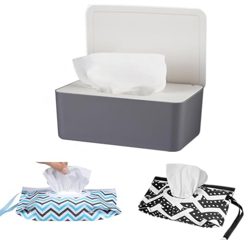 Wipes Dispenser Set,1 Wipe Box & 2 Portable Pouches,Grey-White | Refillable Reusable Large Wet Wipe Holder, Flushable Wipes Case Bathroom Wipes Container for Pet Nursery Kitchen Office