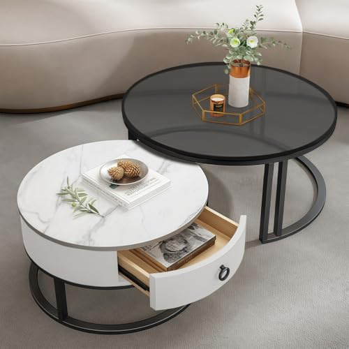 Nesting Coffee Table Set of 2, 2-in-1 Marble Coffee Tables with Drawer, Stacking Sofa Side End Table with Tempered Glass Tabletop for Living Room, Bedroom, Office, Balcony, Apartment,White Round