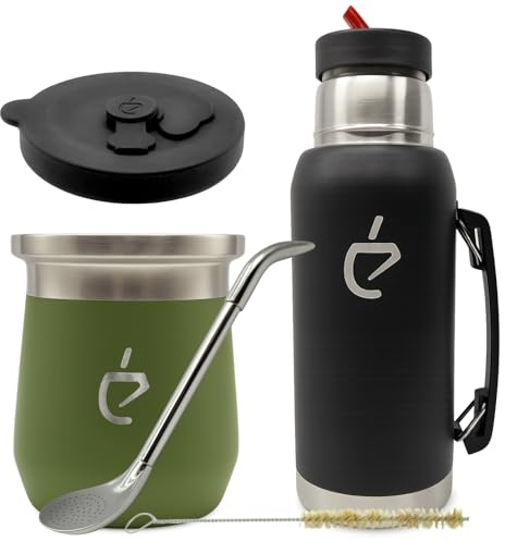 Yerba Mate Set Un Mate MateGo Thermolid DualFlow PRO Forest Green – Termo 1000 ml, Matero Térmico 230 ml, Bombilla, Cepillo, Caja Regalo Premium (Verde)