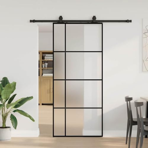 Versear Porta Scorrevole Vetro, Porte Interne, Porta Scorrevole con Binario Esterno, Porta Scorrevole con Ferramenta in Vetro ESG Nera 90x205 cm