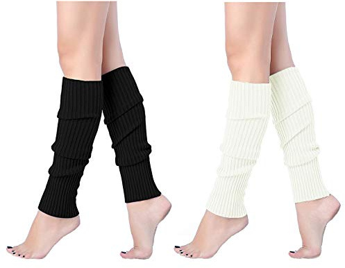 v28 Damen Juniors Neon gerippte Beinstulpen für 80er Jahre Party Sport Yoga, 2 Stück (schwarz + weiß), Einheitsgröße