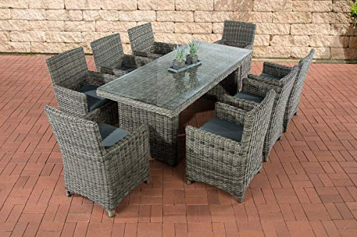 CLP Polyrattan Sitzgruppe Fontana XL Mit Polsterauflagen | Garten-Set: 1 Esstisch Mit Glasplatte Und 8 Stühle, Farbe:grau-meliert, Polsterfarbe:Eisengrau