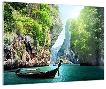 Moderne Impression sur Verre 100x70cm Image Tableau en Verre Decoration Murale Bateau falaises nature rochers Grand Tableaux Decoratifs Muraux Chambre Horizontal Deco Cadre Salon Art GAA100x70-2787