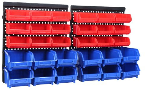 MaxWorks 80694 80694-Estante de Montaje en Pared contenedores para Tus Tuercas, Pernos, Tornillos, Clavos, Cuentas, Botones, Otras Piezas pequeñas, Azul y Rojo, 30 Bin