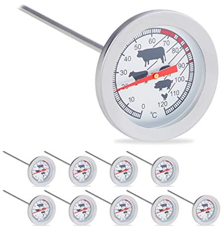 Relaxdays 10 x Einstichthermometer analog, Braten Grillthermometer, Edelstahl Fleischthermometer, 20 cm, Silber