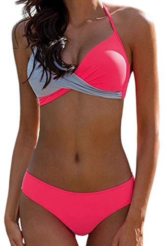 JFAN Femme Maillots de Bain Deux Pièces Push-up Maillot de Bain Triangle Amincissant Classique Bikini Set,Rose-XXL