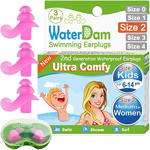 WaterDam Schwimm-Ohrstöpsel, ultra-bequem, wasserdicht, verhindern Schwimmerohren, Größe 2: Kinder, Teenager, mittelgroße Ohren, Damen, kleine Ohren, Männer (Rosa)