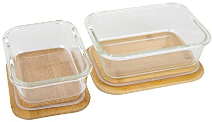 BIRAMBEAU - Ustensiles de Cuisine - Lot de 2 Boîtes en Verre - Boîtes Alimentaire Hermétiques - Couvercle en Bambou - Réutilisables, Brun,transarent