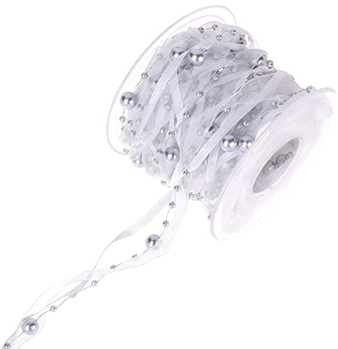 Duories 10m Perlengirlande mit Organza,8+3mm Perlenband,Geschenkband,Trendyband,Schleifenband,Dekoband Hängedeko Tischdeko Dekokette für Hochzeit Weihnachten Taufe Geburtstagsgeschenke,Silber