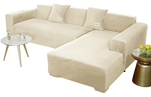 JHLD Sofabezug L Form, Stretch Sofabezug Samt L-förmiger Sofabezug Weiche Anti-rutsch Sofa Überwürfe Für Ecksofa-Beige-2 Sitzer+4 Sitzer