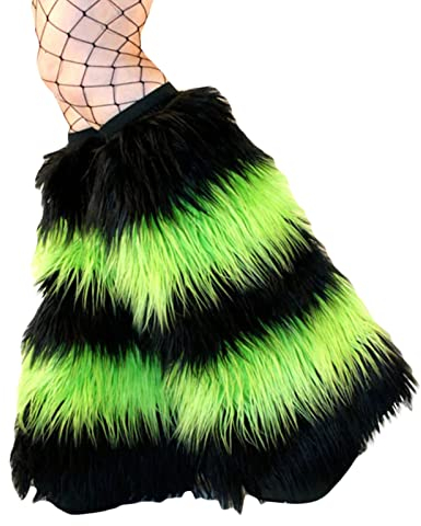 YILEEGOO Womens Faux Fur Fuzzy Leg Warmers Warm Fuzzy Rainbow Boot Sleeves Boot Covers Cuff Fluffy Rave Music (A Black Green, One Size)