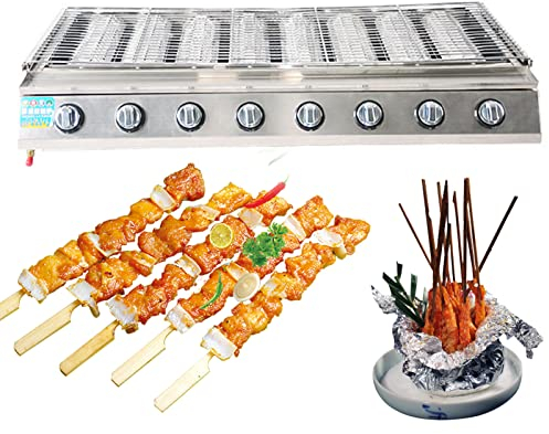 8 Brenner Gas BBQ Grill, Tragbarer Butangas Gasgrill mit Grillrost, Hochleistungs Steakgrill aus Edelstahl, Höhenverstellbar Grillofen, Fettauffangschale, Einfach zu Reinigen,Silber,103x40x20cm