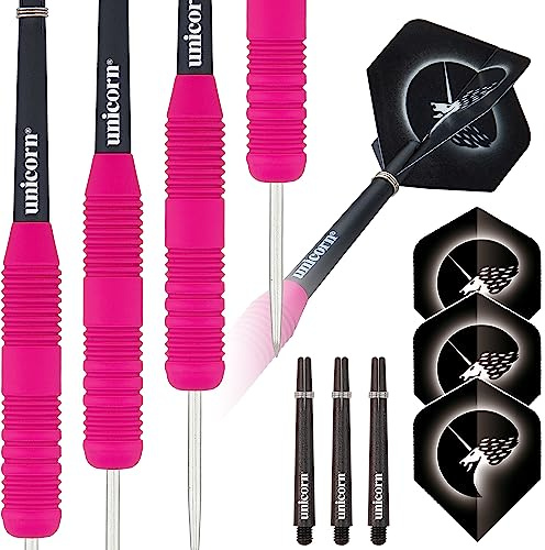Unicorn Steel Tip Darts Set | Core Plus | Smooth Comfortable Rubberised Brass Barrels | Pink | 24 g