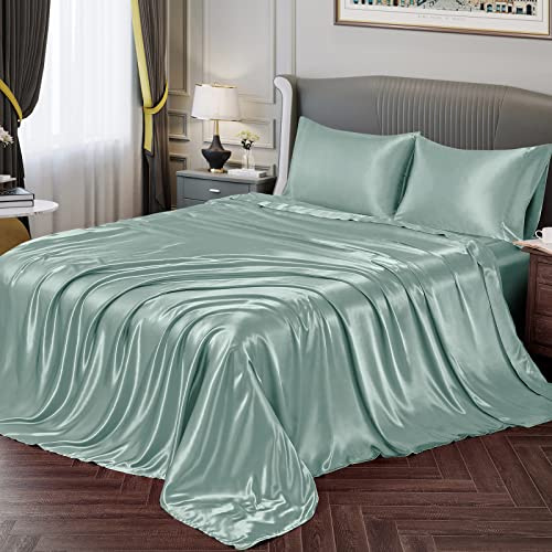 Vonty Satin Sheets - Full Double Bed Size, Mint Green Satin Sheet Set, 1 Deep Pocket Fitted Sheet + 1 Flat Sheet + 2 Pillowcases
