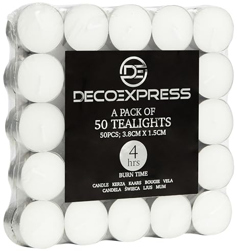DECO EXPRESS Tealight Candles Multipack of 200, 100, 50, 25 or 24, Burning Time 4, 8 or 10 Hours - Tea Lights Candles (White 50/4 Hours)