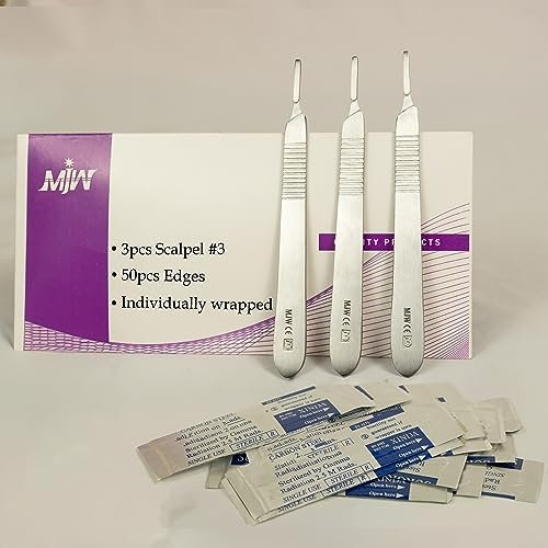 MJW 3 pcs BP Scalpel Handle no.3 With 50 Pcs Cutting Edges no 10 Perfect for Hobby Arts Crafts Card Making Dermaplaning and Crafting Tools