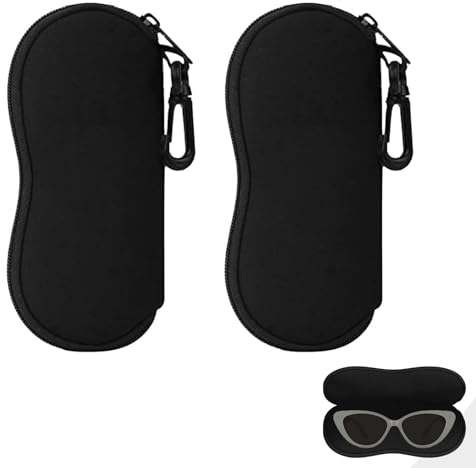 DALAETUS 2 Pezzi Portatile Custodia per occhiali in Neoprene, Ultraleggero Custodia per Occhiali da Sole con Cerniera e Clip da Cintura, Astuccio per Occhiali da Uomo e da Donna (Nero)