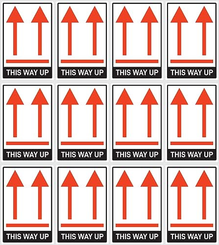 Aufkleber: 37.5x25 mm, 12 Stück - Kennzeichnung von Versandstücken - Paketorientierung Pfeile - hier oben - this way up - ADR/GHS/DGR/UN