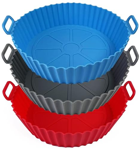 EATO Air Fryer Silicone Liners Set of 3 Air Fryer Liners Pot Reusable Silicone Liners for Cooking, Baking, Oven Safe Replacement of Flammable Parchment Liner Paper Grey+Red (Pack of 3(Grey+Red+Blue))
