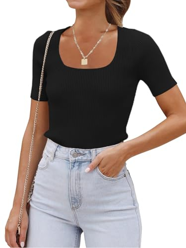 Eniloyal T-Shirt Damen Sommer Eckiger Ausschnitt Enges Oberteil Elegant Einfarbige Modern Basic Tshirts Kurzarm Eckigem Shirt Schwarz M