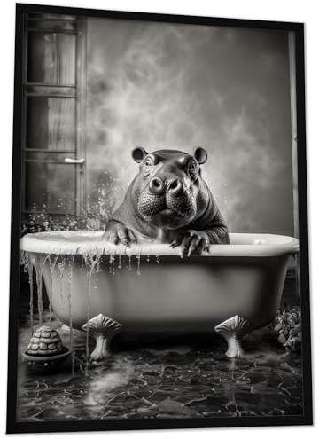 JUHMI Badezimmer Deko Bilder - Badewannen Tiere Wanddeko, Hippo Nilpferd DIN A3 (30x42 cm) - Bilder Schwarz Weiß WC Deko mit und ohne Rahmen