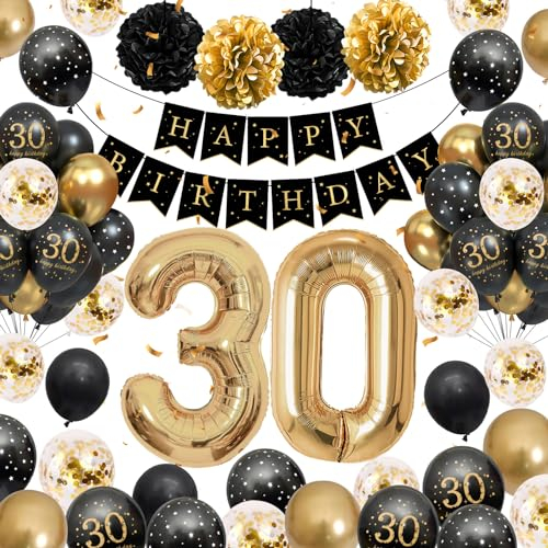 Deko 30. Geburtstag Schwarz Gold - Luftballons Mit Happy Birthday Banner, Pompoms für Frauen und Männer - Geburtstagsdeko Set