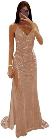Robe de bal scintillante pour adolescentes, robe de bal sirène à paillettes longue fendue, robe de bal de fin d'année, robe de cocktail or rose pour femmes, taille 42