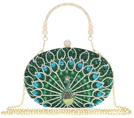 MAIRLOM Clutch-Geldbörse mit Strasssteinen für Damen, Abendveranstaltung, Hochzeit, formell, runder Perlenverschluss, Handtasche, Kristall-Diamant-Tasche, Grüner Pfau