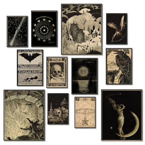 KINYEYE 12 Stück Gothic Moody Schlafzimmer Eklektische Poster, Dark Academia Wandposter für Wohnheim-Dekoration, Grunge Room Decor | ungerahmt