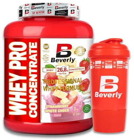 Beverly Whey Pro - Concentrado de proteína de suero whey - 2 Kg - 28 g de proteína por ración - 58 servicios - Tonifica y aumenta la masa muscular (2 KG, Fresa Chocolate Blanco)
