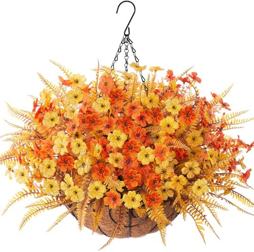 Artificial Faux Fall Mums Hanging Flowers Plants Basket for Outdoor Outside, 14 Bundles Fake Silk Orange Yellow Daisy Fern in Planter UV Resistant Look Real for Autumn Porch Balcony Patio Yard Decor