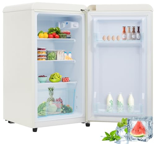 Merax Kühlschrank klein, Eintüriger Retro Kühlschrank, Getränkekühlschrank 76 Liter, 45 dB, LED-Beleuchtung, Glasablagen, Gemüsefach, Türablagen, Verstellbare Füße, für Küche, Wohnzimmer, Büro, Weiß