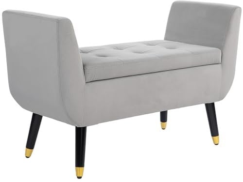 HOMCOM Sitzbank mit Stauraum Armlehnen Polsterbank mit Samtoptik, Sitztruhe mit Holzbeine, Truhenbank für Wohnzimmer Schlafzimmer Flur 107 x 42 x 65 cm, Hellgrau