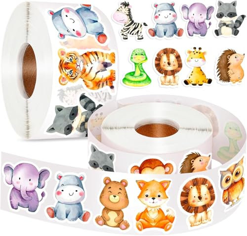 Runde Tier Aufkleber, 1000pcs Animal Sticker Rolle, Tier Aufkleber, Tier Belohnungsaufkleber, Tieraufkleber Runde, Cartoon Tier Aufkleber, Animal Sticker Kinder, Tiermuster Sticker