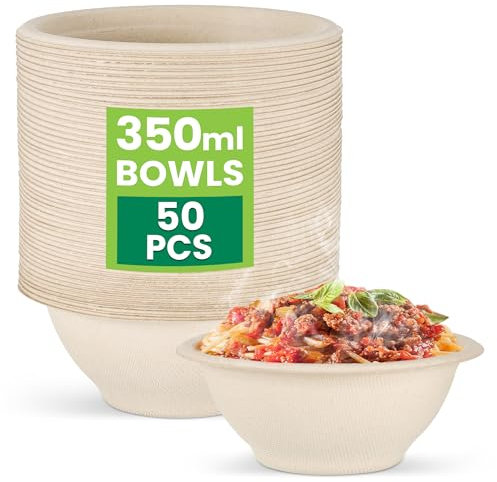 Hejo 50 Pièces Bols en Papier, 350ml Vaisselle 100% Biodégradables, Assiettes, Couvert, Bols en Canne à Sucre Compostable pour Usage Quotidien et Dehors Party