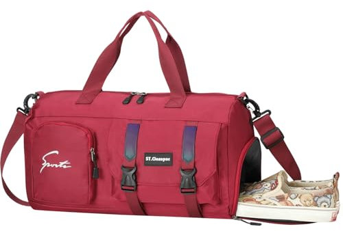 ST.Cleaspac Sporttasche, Reisetasche, Schultertasche mit mehreren Taschen, Schwarz, Ancora Red, Casual