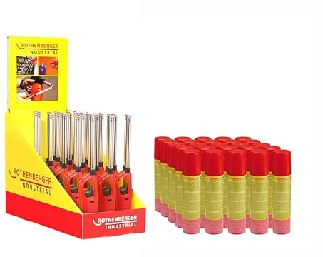 ROTHENBERGER Industrial 30x Gasanzünder Standard im Theken-Display und 25x Nachfüllgas 100 ml | Feuerzeug | Abzugsperre | Piezo | Füllanzeige | Wiederbefüllbar | Kindersicherung