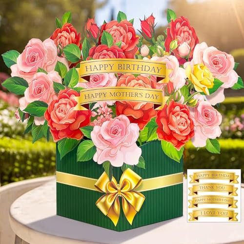 Hierein 3D Pop Up Rose Karte, Blumenstrauß Pop Up Geburtstagskarte, Blumenkarte für Geburtstag, Jahrestag, Danke, Gute Besserung, Geburtstagskarte Frau für Mutter, Ehefrau, Freundin