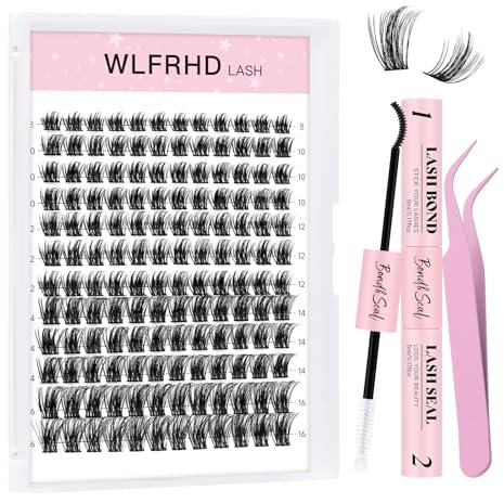 WLFRHD Kit de extensiones de pestañas, kit de 144 piezas con racimos de pestañas individuales, pegamento y sellador de pestañas, removedor de pestañas, aplicador para extensiones de pestañas (221