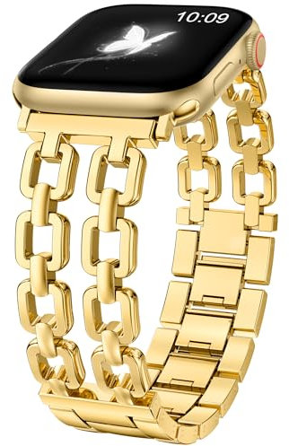 Wearlizer Compatible with Apple Watch Straps 44/45/46/49/42mm Women, Dressy Fancy Metal Chain Pretty Strap Gold Silver Link Bracelet for iWatch Ultra SE Series 10 9 8 7 6 5 4 3 2 1 Yellow Gold