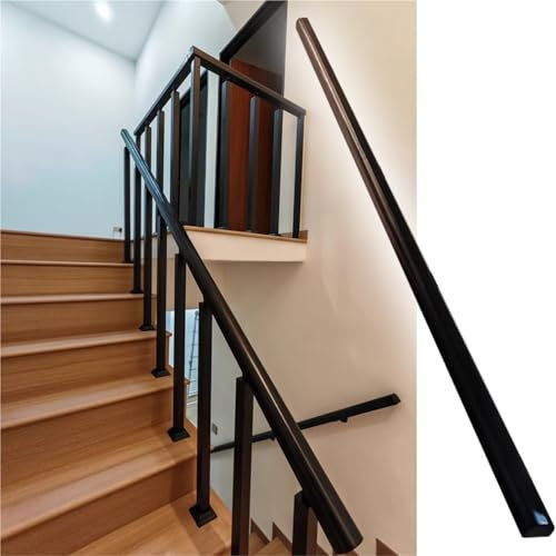 Balustrade personnalisable en métal noir avec main courante en bois pour escaliers intérieur/extérieur, terrasse et porche - Hauteur réglable de 30 à 160 cm, kit de vis inclus.