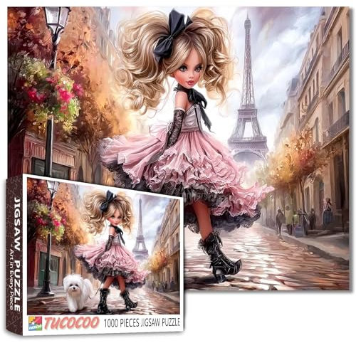 Tucocoo Paris Mädchen und flauschiger Hund Puzzle für Erwachsene, 1000 Teile, Kunstpuzzle mit Eiffelturm, romantisches Pariser Straßenszenen-Puzzle, herausforderndes und dekoratives Puzzle, Geschenk